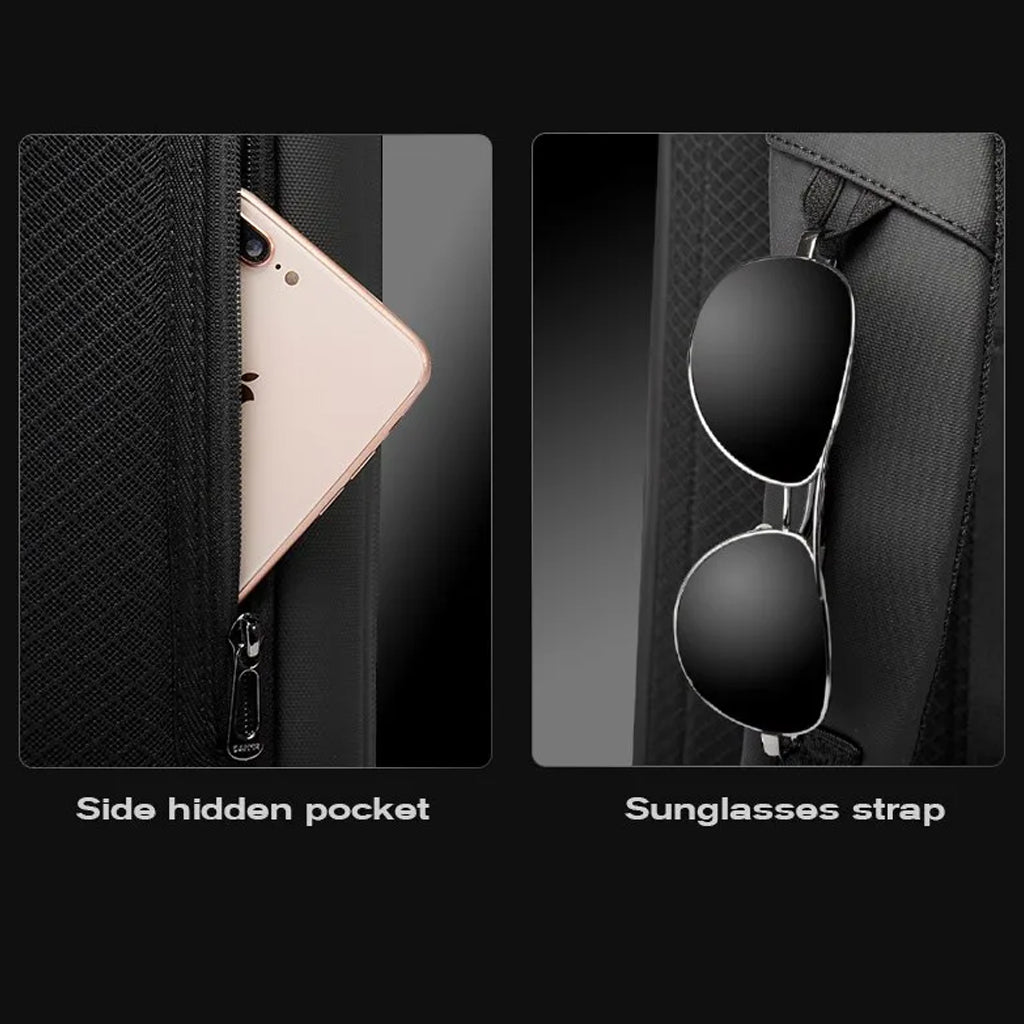 Side hidden pocket and sunglasses strap on BANGE 7710 leather laptop bag for secure and accessible storage options.