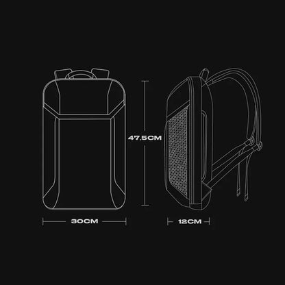 Technical dimensions of BANGE 7710 leather laptop bag: 47.5cm height, 30cm width, 12cm depth, ideal for compact travel.