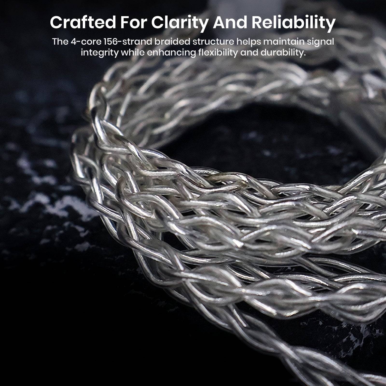 Close-up of braided silver cable with 3.5mm and USB-C options