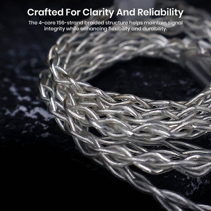 Close-up of braided silver cable with 3.5mm and USB-C options