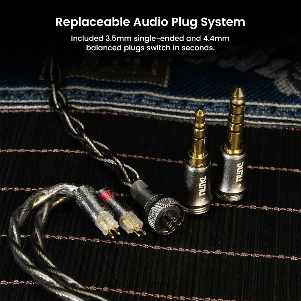 Replaceable audio plug system for DUNU X KOTO ITO IEM with 3.5mm and 4.4mm balanced connectors for versatile device compatibility.