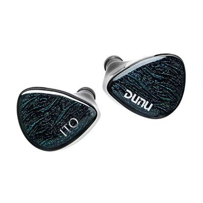Close-up of DUNU X KOTO ITO IEM earpieces with textured faceplates and ergonomic design for high-quality in-ear audio performance.