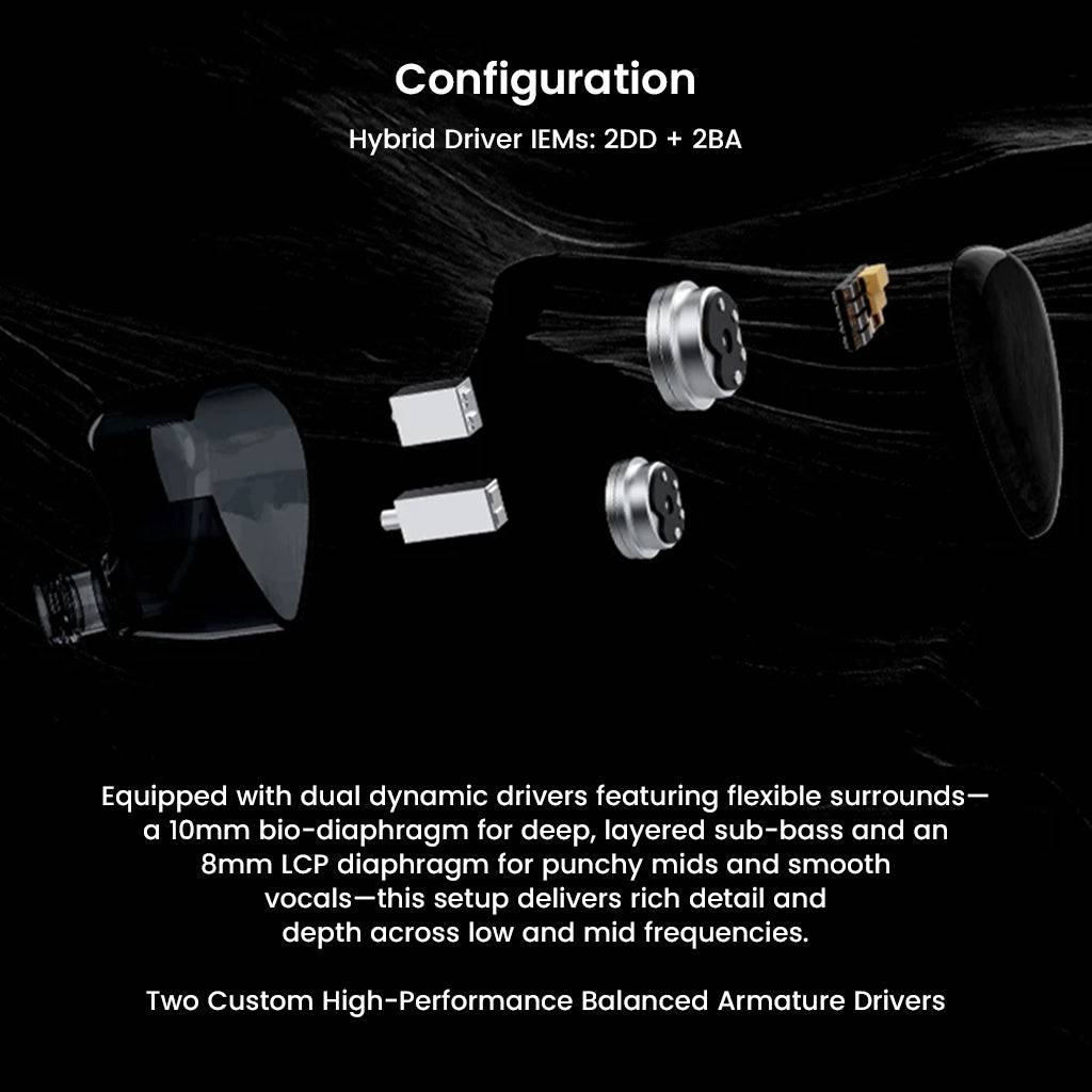 Exploded view of DUNU X KOTO ITO 2DD+2BA Hybrid IEM showing dual dynamic drivers and balanced armature components for detailed sound.