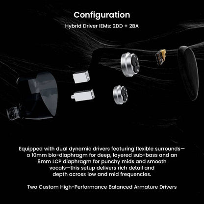 Exploded view of DUNU X KOTO ITO 2DD+2BA Hybrid IEM showing dual dynamic drivers and balanced armature components for detailed sound.