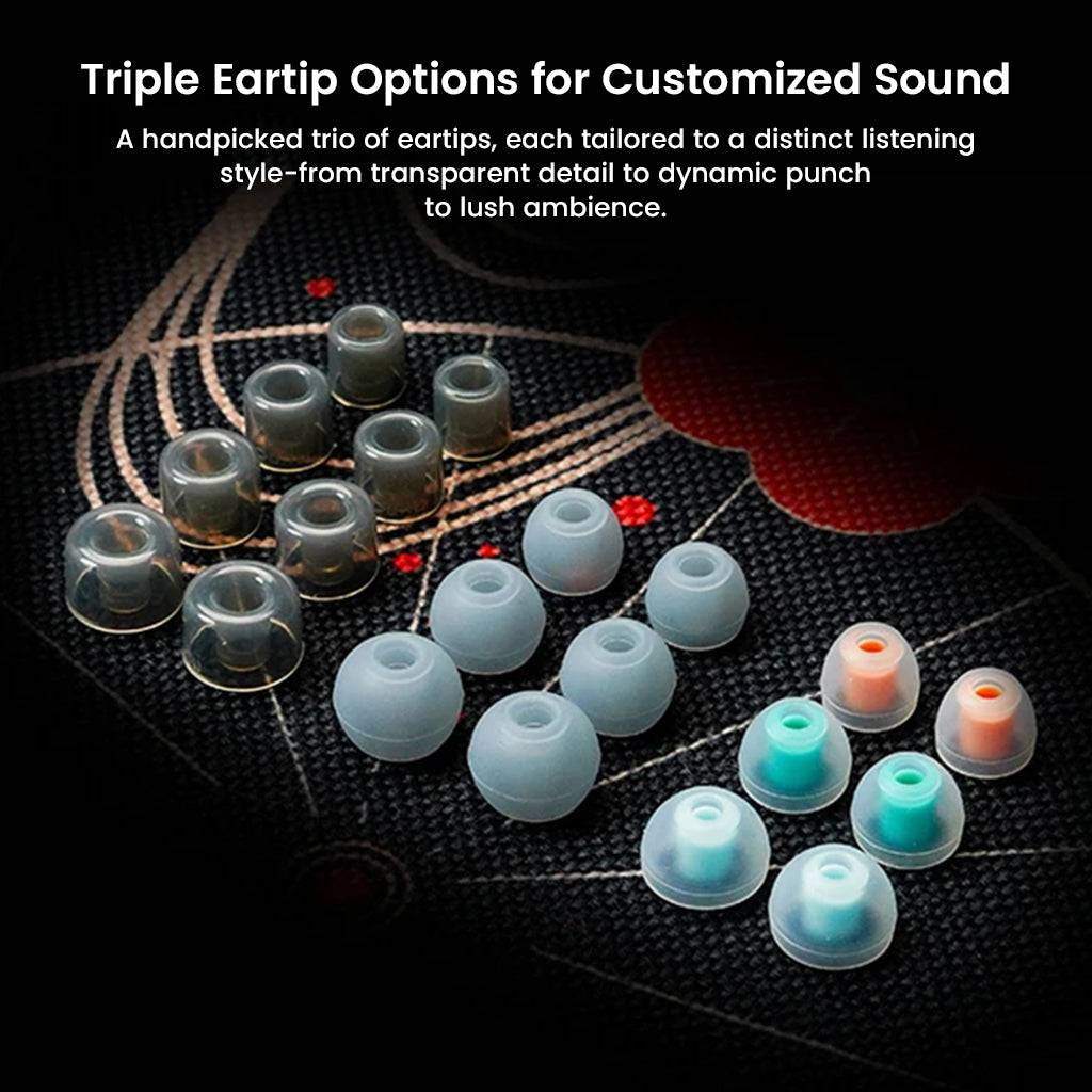 Triple eartip set for DUNU X KOTO ITO IEM offering customizable sound profiles from transparent detail to dynamic bass and ambience.