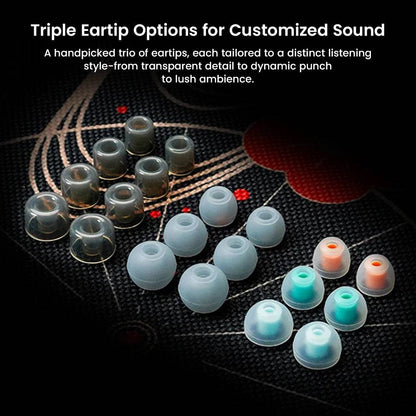 Triple eartip set for DUNU X KOTO ITO IEM offering customizable sound profiles from transparent detail to dynamic bass and ambience.