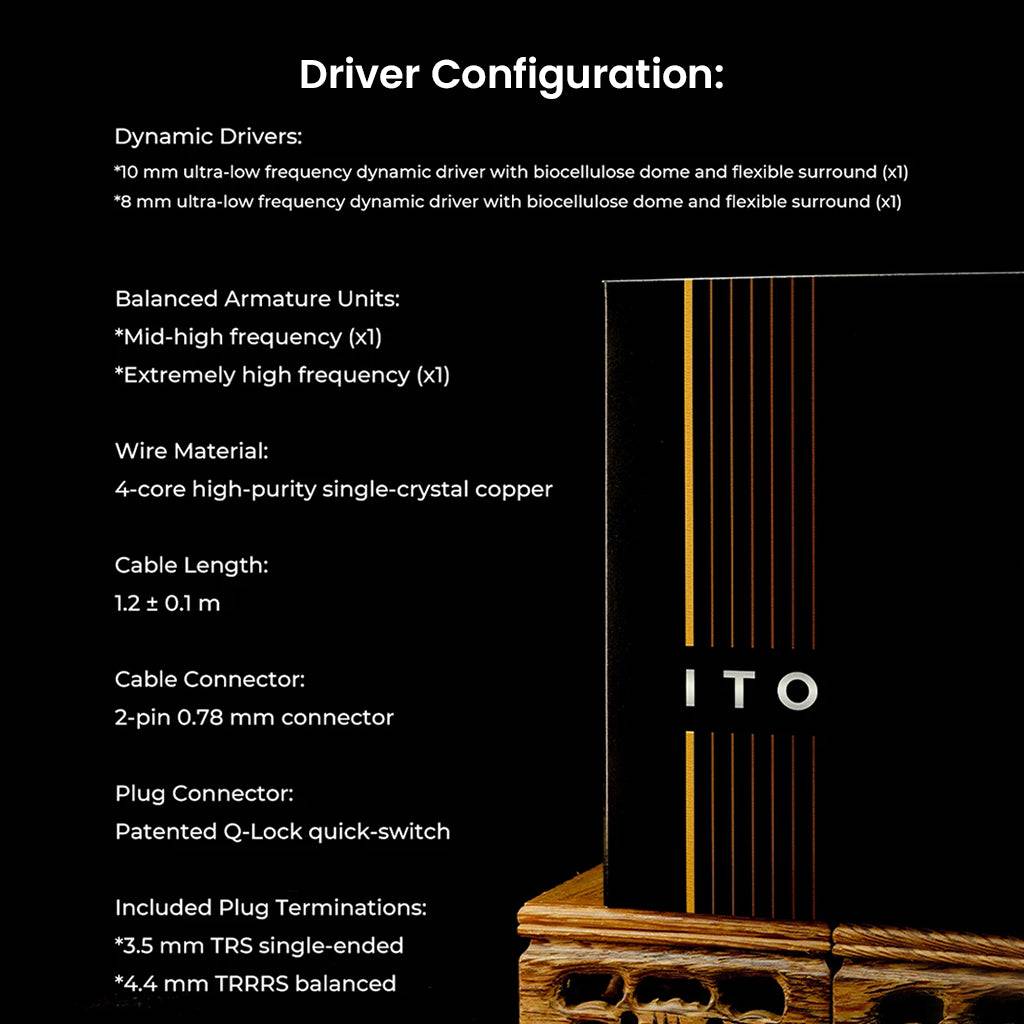 Detailed driver configuration of DUNU X KOTO ITO IEM with 10mm and 8mm dynamic drivers and dual BA units for full-range sound.