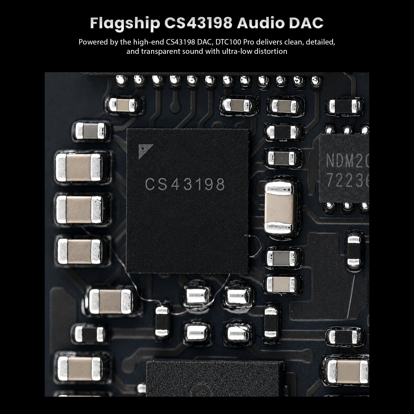 Close-up of the black circuit board of the DUNU DTC 100 Pro CS43198 portable USB DAC & Amp, showing electronic components and chips