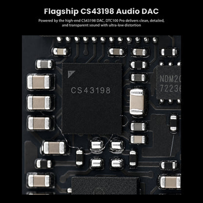 Close-up of the black circuit board of the DUNU DTC 100 Pro CS43198 portable USB DAC & Amp, showing electronic components and chips