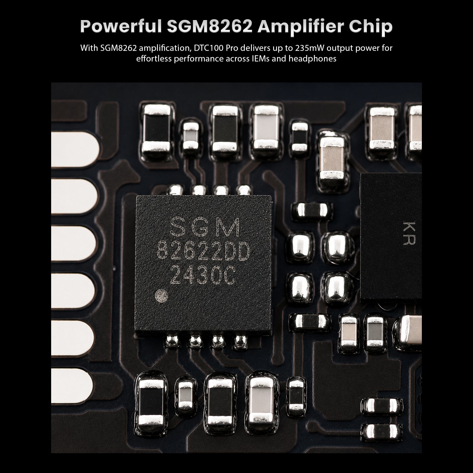 Macro shot of the powerful SGM8262 amplifier chip on the circuit board, with black surface and white text, surrounded by electronic components