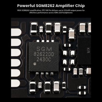 DUNU DTC 100 Pro with detailed view of the SGM8262 amplifier chip, showcasing high-quality electronic components for premium sound