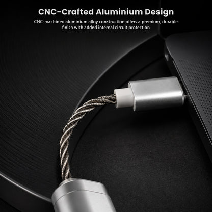 Close-up of the DUNU DTC 100 Pro portable USB DAC & amp with CNC-machined aluminum body, silver and blue finish, and braided cable connection