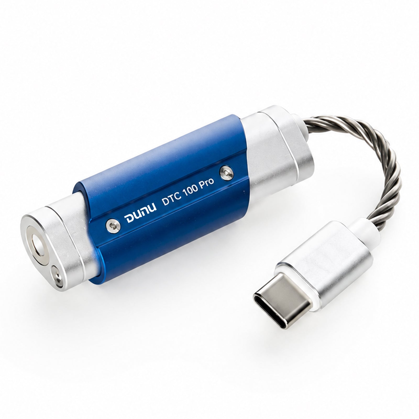 Close-up of the DUNU DTC 100 Pro portable USB DAC & amp with blue aluminum body, silver connectors, and twisted cable, on white background
