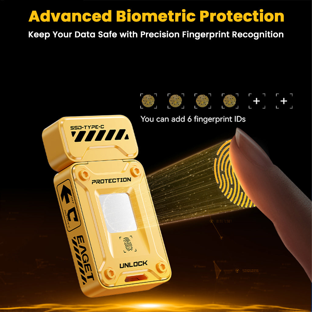 Advanced biometric fingerprint protection on EAGET FU80 SSD Flash Drive supports up to 6 fingerprint IDs for secure access.