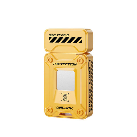 EAGET FU80 Type-C & USB 3.2 Pen Drive with fingerprint unlock and SSD encryption in a compact yellow zinc alloy body.