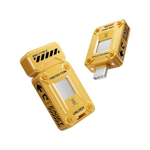 Dual-view of EAGET FU80 SSD Flash Drive showing USB Type-C connector and fingerprint sensor for secure data access.
