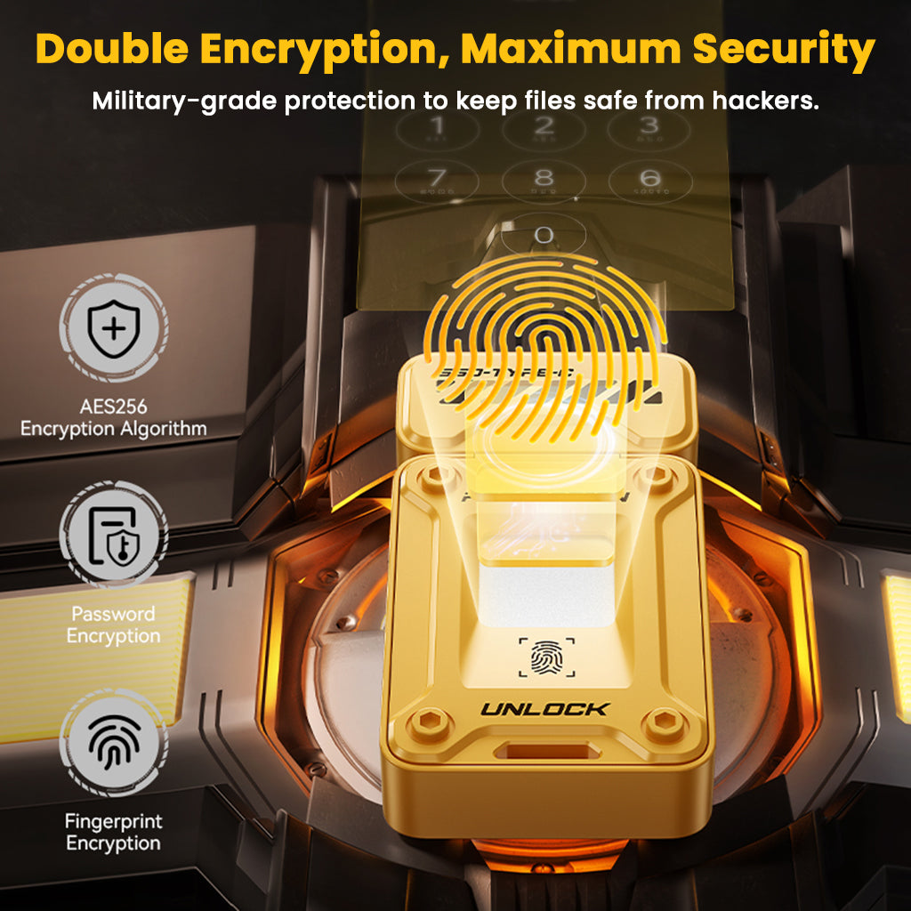 Double encryption on EAGET FU80 SSD Flash Drive combines AES256 and fingerprint security for maximum data protection.
