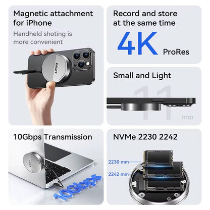 EAGET SE880 SSD Enclosure features magnetic iPhone attachment, 4K ProRes recording, 10Gbps speed, and NVMe 2230/2242 support.