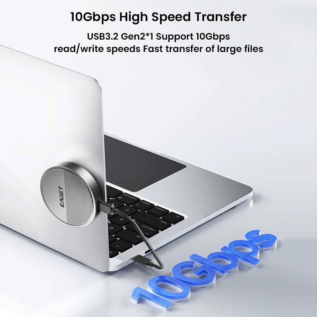 EAGET SE880 SSD Enclosure connected to laptop via USB 3.2 Gen2 for 10Gbps high-speed file transfer and fast data access.