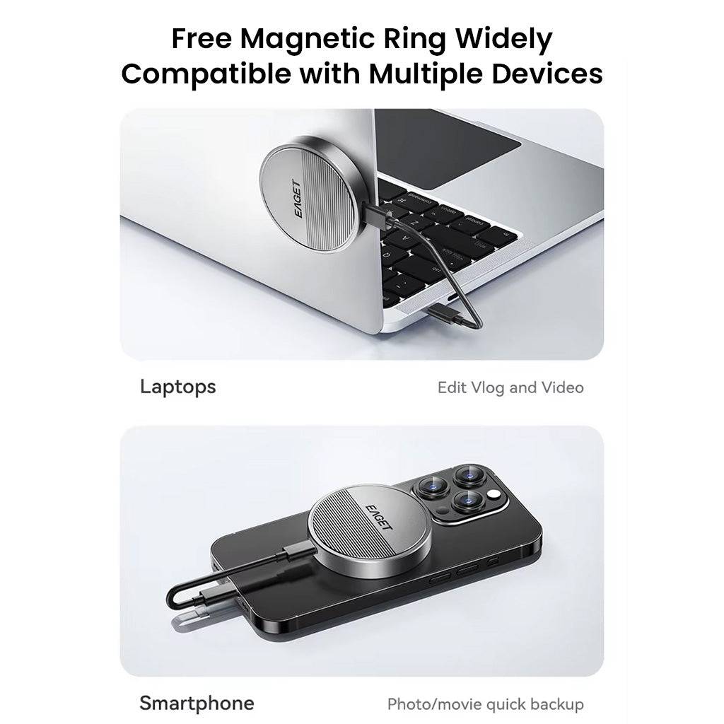 EAGET SE880 SSD Enclosure with magnetic ring compatible with laptops and smartphones for quick backup and video editing.