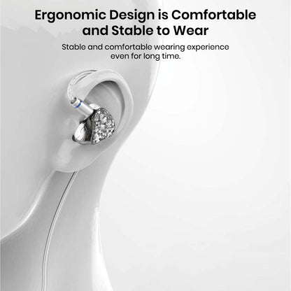 EarAcoustic VSA-V1 IEM shown in ear, highlighting its ergonomic shape for stable and comfortable long-term wear.