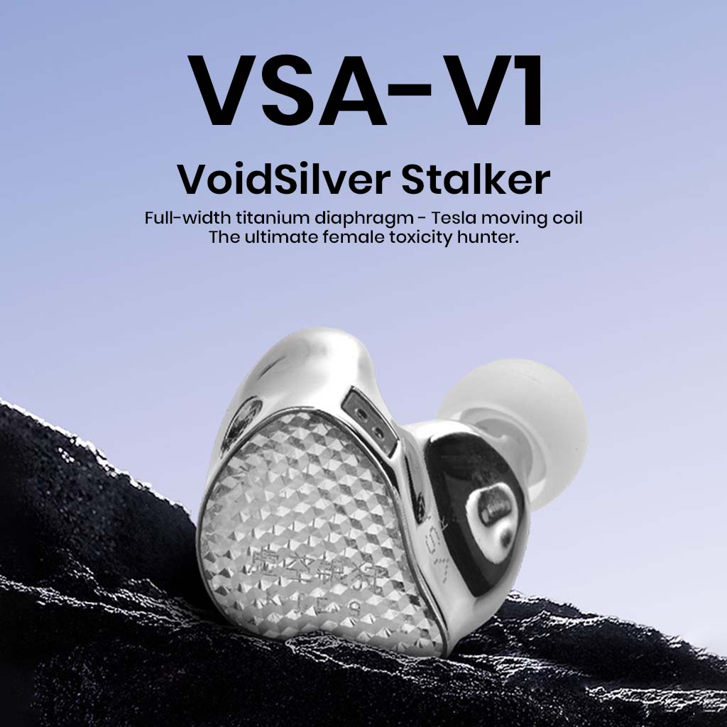 EarAcoustic VSA-V1 IEM with full-width titanium diaphragm and Tesla moving coil, designed for precise vocal clarity and immersive sound.