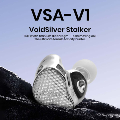 EarAcoustic VSA-V1 IEM with full-width titanium diaphragm and Tesla moving coil, designed for precise vocal clarity and immersive sound.