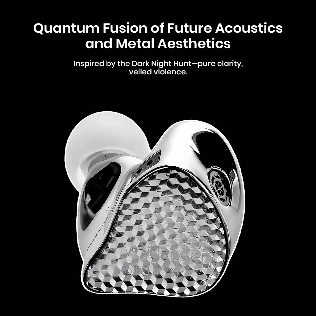 Close-up of EarAcoustic VSA-V1 IEM showcasing futuristic metal aesthetics and acoustic engineering inspired by dark sonic themes.