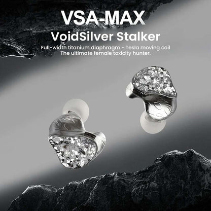 VSA MAX IEM by EarAcoustic Audio featuring full-width titanium diaphragm and Tesla moving coil, designed for high-fidelity female vocal clarity.