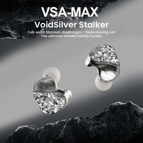 VSA MAX IEM by EarAcoustic Audio featuring full-width titanium diaphragm and Tesla moving coil, designed for high-fidelity female vocal clarity.