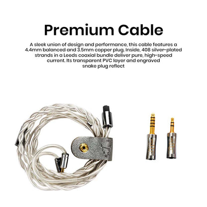 Premium cable for VSA MAX IEM with 4.4mm balanced and 3.5mm copper plug, featuring silver-plated Leeds coaxial strands for high-speed audio.
