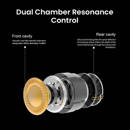 Dual chamber resonance control system in VSA MAX IEM with front and rear cavities for enhanced soundstage and frequency separation.