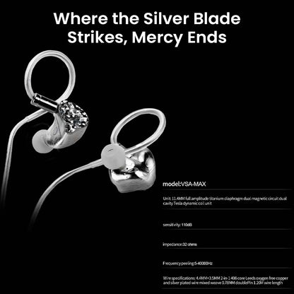 VSA MAX IEM with silver-plated cable and ergonomic ear hooks, featuring 11.4mm titanium diaphragm and dual magnetic Tesla dynamic driver.