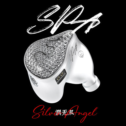 EarAcoustic Audio - SPA-Hi End Dynamic Driver IEM in silver with crystal-studded faceplate and ergonomic design for premium in-ear audio performance.