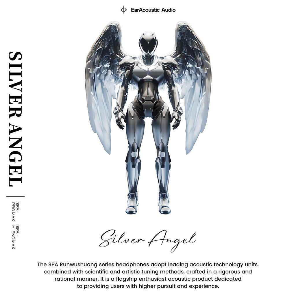 EarAcoustic Audio - SPA-Hi End Dynamic Driver IEM promotional artwork featuring a futuristic silver angel robot with wings, symbolizing high-performance audio technology.
