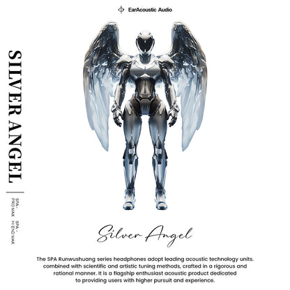 EarAcoustic Audio - SPA-Hi End Dynamic Driver IEM promotional artwork featuring a futuristic silver angel robot with wings, symbolizing high-performance audio technology.
