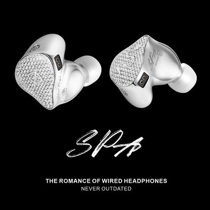 EarAcoustic Audio SPA-Hi End Dynamic Driver IEM in silver with crystal-studded faceplates and 0.78mm connectors, ideal for audiophiles. Premium in-ear headphones offering superior bass and clarity for high-fidelity listening.