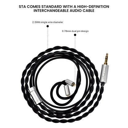 High-definition interchangeable audio cable with 0.78mm dual pin and 2.5mm wire diameter for EARACOUSTIC STA in-ear monitors.