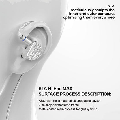 STA Hi-End MAX IEMs shown worn on ear, featuring sculpted contours and glossy finish for comfort and premium aesthetics.