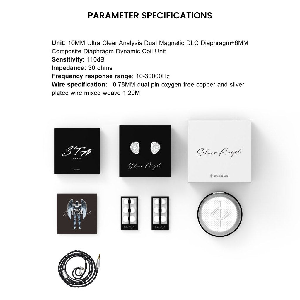 Full parameter specifications of EARACOUSTIC STA IEMs including dual driver unit, frequency range, and accessories.