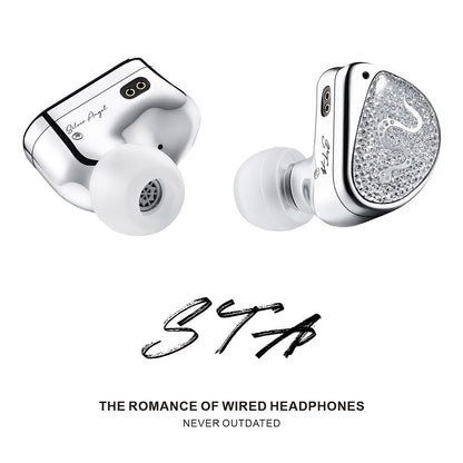 EARACOUSTIC STA wired in-ear monitors with dual dynamic drivers and crystal faceplate, combining luxury design with high-fidelity sound.