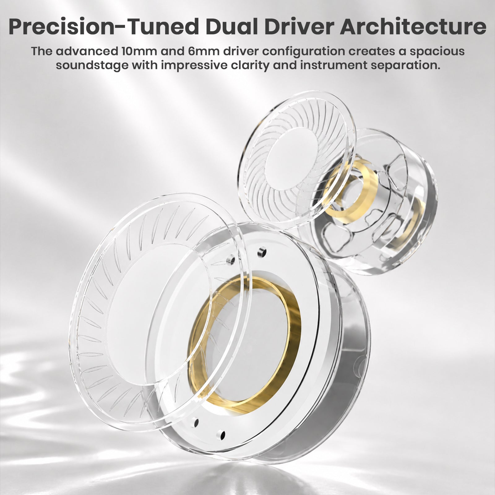Transparent dual driver IEM components with gold accents