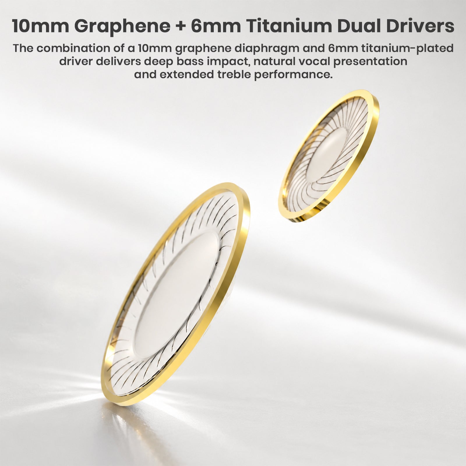 Product info on dual driver in-ear monitors with gold accents