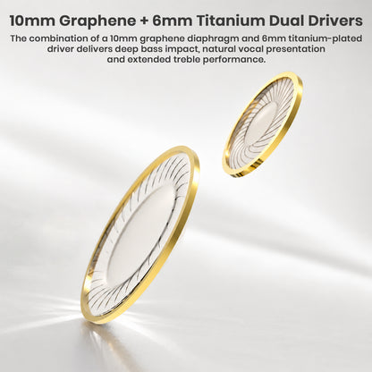 Product info on dual driver in-ear monitors with gold accents