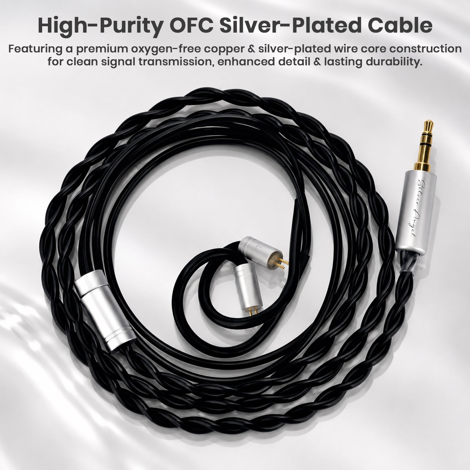 High-purity OFC silver-plated audio cable with black twisted wires and silver connectors