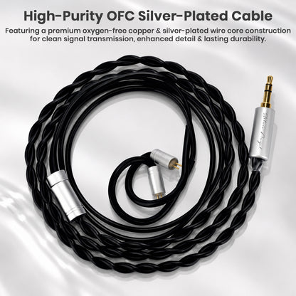 High-purity OFC silver-plated audio cable with black twisted wires and silver connectors