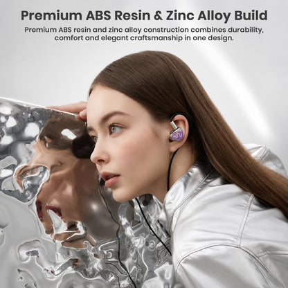 In-ear monitor with purple accents worn by woman
