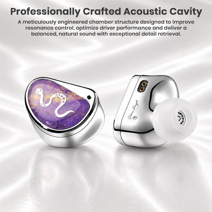 White and black snake-inspired design in-ear monitors with glossy finish