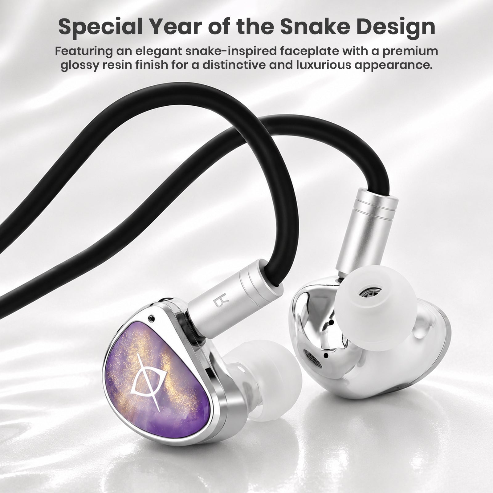 Elegant snake-inspired faceplate on premium in-ear monitors