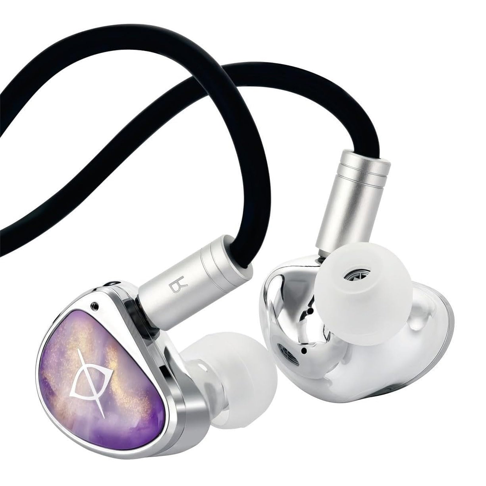 Black and silver in-ear monitors with white ear tips